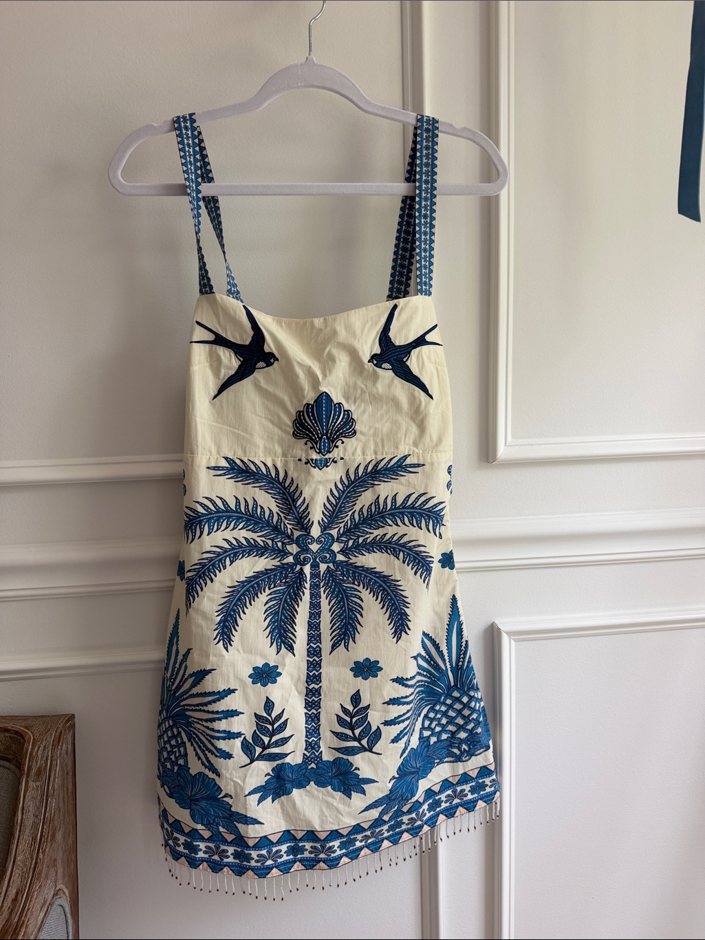 Sleeveless Mini Dress With Blue Palm & Bird Print